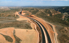 Aerial view of A-2 motorway refurbishment through Guadalajara, Soria, Zaragoza, Spain