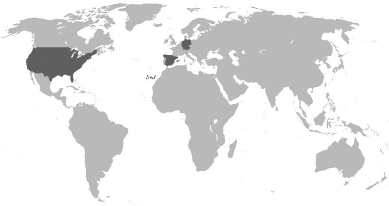 World map showing the countries where building projects have been carried out (USA, Germany, Canary Islands and Spain)