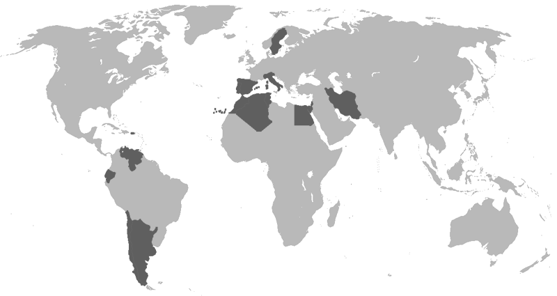 World map showing the countries where building projects have been carried out (Chile, Argentina, Colombia, Morocco, Portugal and Spain among others).