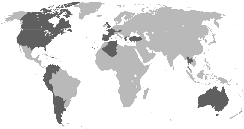 World map showing the countries where construction projects have been carried out (North America, Chile, Argentina, Colombia, Portugal and Spain among others)